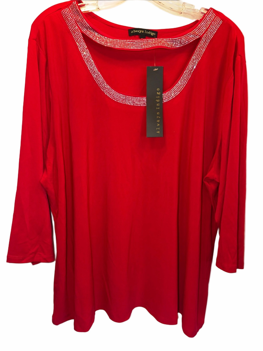 Always Indigo, Red Rhinestone Open Scoop-Neck Top, PTP 27”, (T1-361)